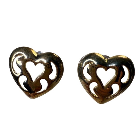 Jordache Jewelry - Vintage Jordache Gold Tone Heart Earrings Openwork Dangle Drop Statement Jewelry